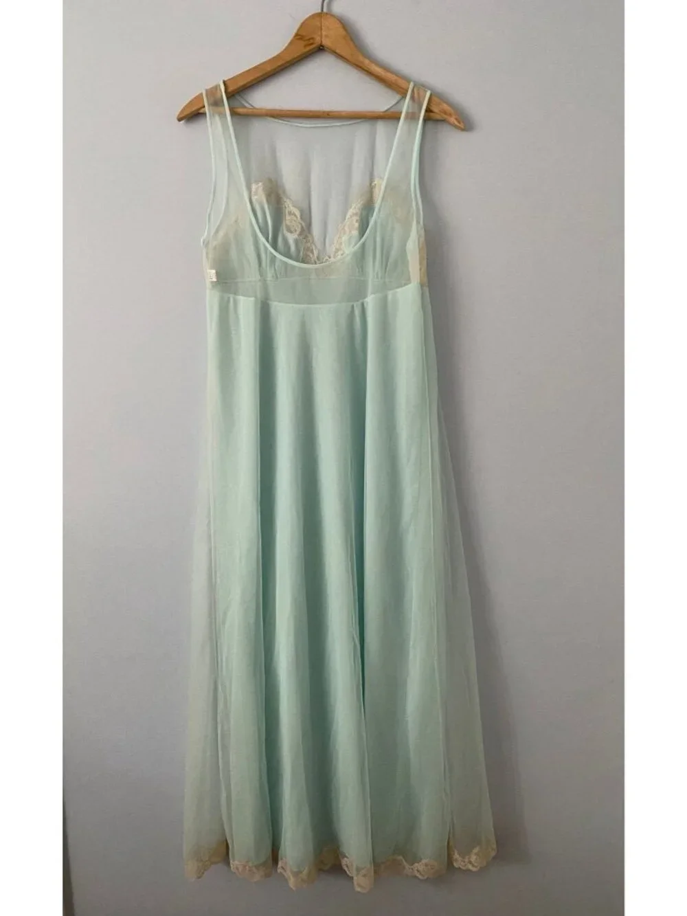 Vintage Evette Nightgown, Pale Aqua with Lace Trim, Size Small, Made in USA